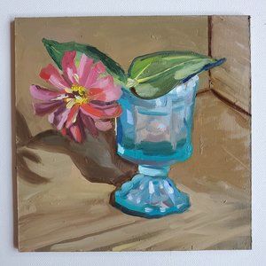 Zinnia in Blue Glass Original Oil Painting